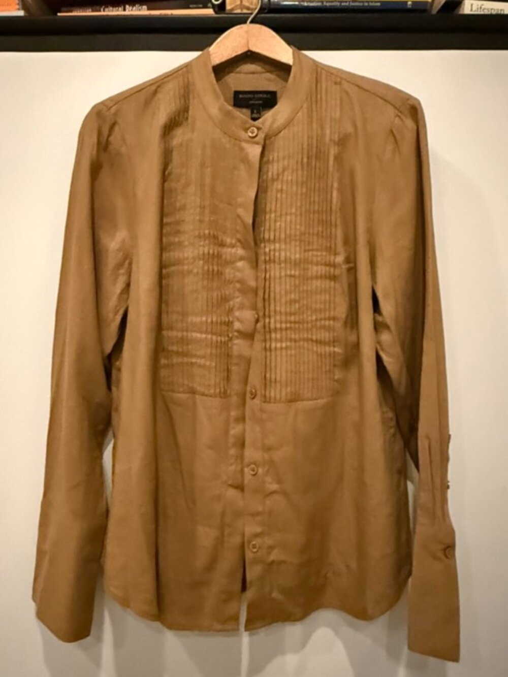 Banana Republic camel linen-blend pintuck blouse